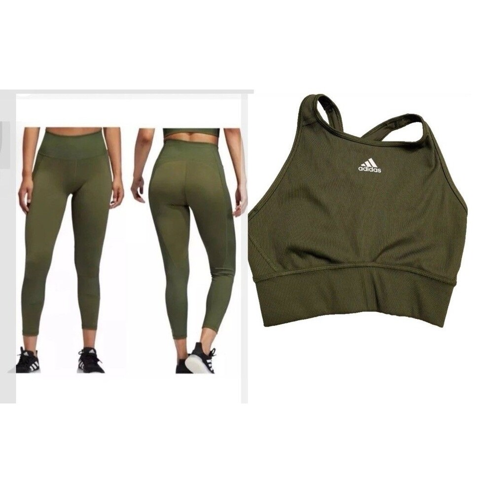 adidas PrimegreeN SET HIGH WAIST AND SPORT BRA SZ L Olive Green NWOT